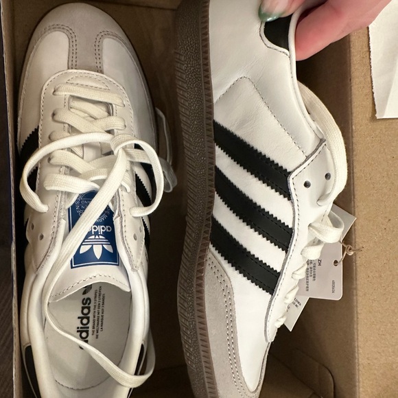 adidas Shoes - adidas White Leather Sneakers with Black Three Stripes